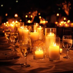 Romantic candlelight dinner table setting with wine glasses for special occasion celebration