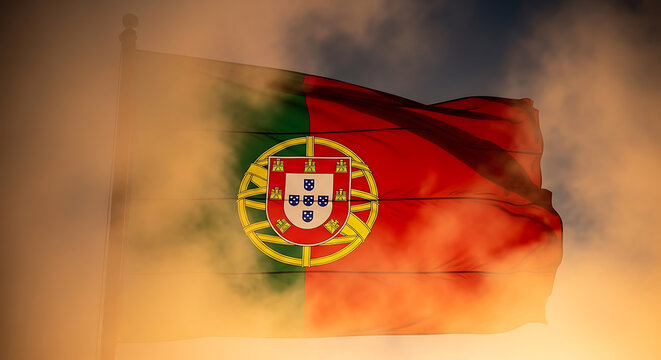 Waving Portuguese Flag Against a Dramatic Sky Symbol of National Pride and Heritage in Golden Light The flag