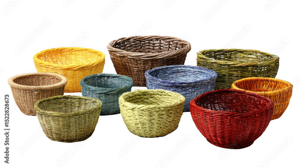 Poster ten colorful wicker baskets of various sizes and shapes are arranged on a transparent background, cr