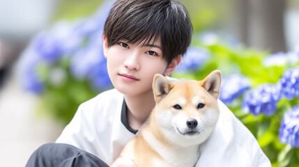 あじさいを背景に柴犬と男性