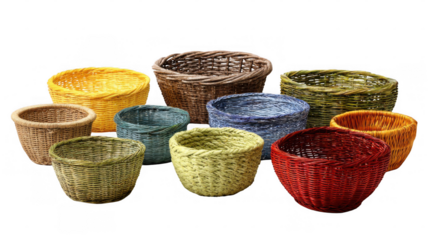 Ten colorful wicker baskets of various sizes and shapes are arranged on a transparent background, creating a vibrant and versatile image suitable for various design and marketing purposes