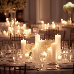 Elegant wedding reception table decor with candles and flowers for romantic event ambiance design