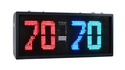 Electronic scoreboard displaying a tie score of seventy to seventy, illuminated with bright red and blue leds on a transparent background, perfect for sports and competition visuals