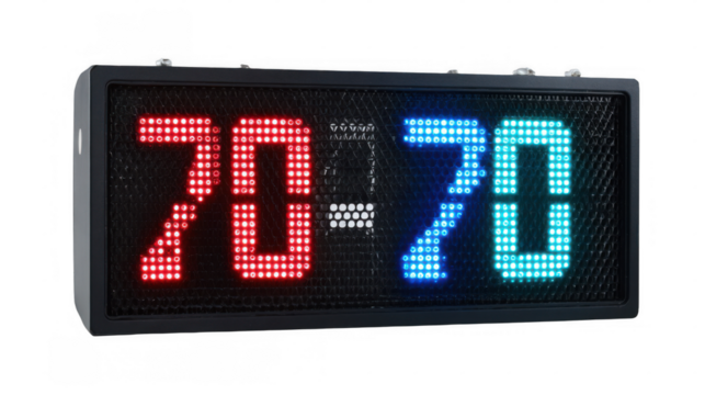 Electronic scoreboard displaying a tie score of seventy to seventy, illuminated with bright red and blue leds on a transparent background, perfect for sports and competition visuals