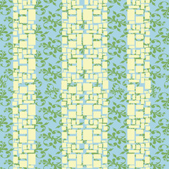 Geometric Seamless Pattern with Abstract Blocks and Floral Stripes, Vector Background
