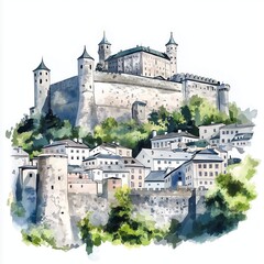 Hohensalzburg Fortress. Hohensalzburg Fortress hand drawn watercolor illustration