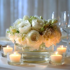 Elegant white floral arrangement centerpiece with candles for wedding or special occasion decor ideas