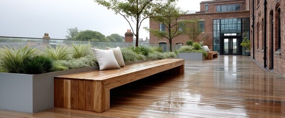 Modern wooden bench on a rooftop patio with greenery