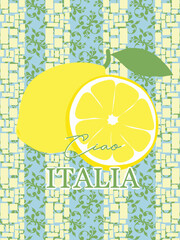 Vintage Italian lemon poster with blue tile pattern, Ciao Italia vector