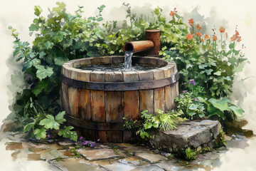 Watercolor painting: Wooden barrel with fountain.