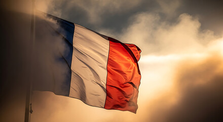 French Tricolore Waving Proudly Against a Dramatic Sky A Symbol of National Identity and Cultural Heritage in France