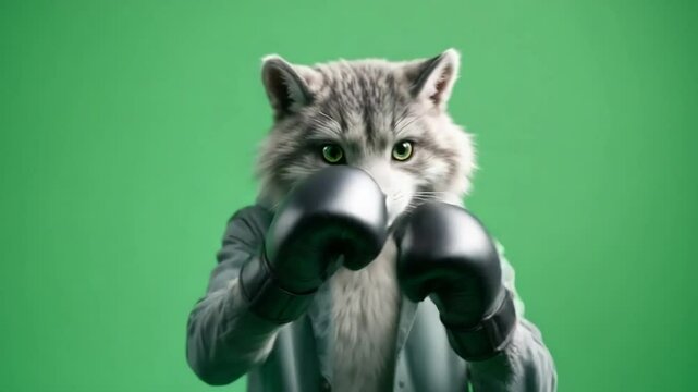 A cat with a wolf-like face wearing a jacket and boxing gloves, punching towards the camera on a green screen
