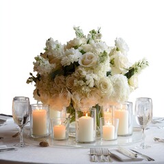 Elegant wedding centerpiece white flowers candles glass vases table setting romantic event decor arrangement