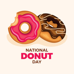 National Donut Day poster vector illustration. Doughnut with pink and chocolate frosting icon vector. Bitten donut drawing. Template for background, banner, card. The first Friday of June every year