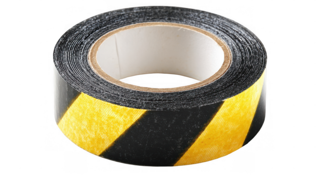 Black and yellow striped electrical tape roll isolated on transparent background, providing a simple yet effective solution for insulation and repairs - Powered by Adobe