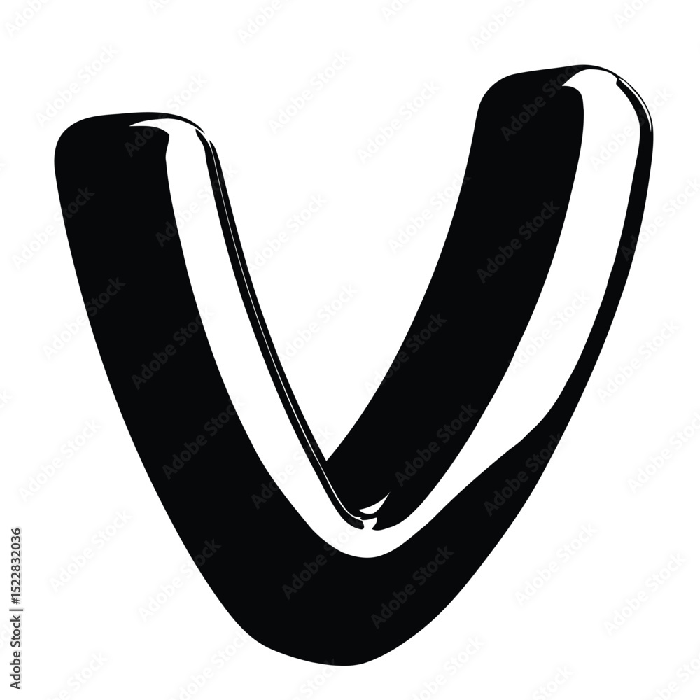 Poster abstract black glossy v shape with curved edges on a pristine white background