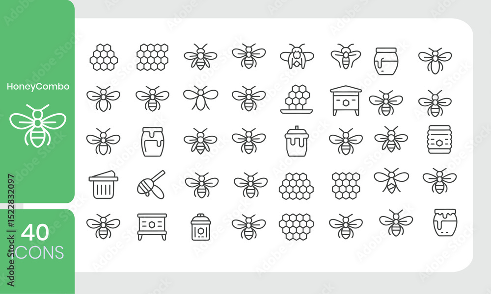 Poster collection of forty linear honey bee and honey icons suitable for branding and web design elements