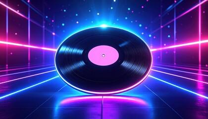 Glossy vinyl record floats amidst neon blue and pink laser grid tunnel in retro futuristic style