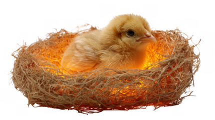 Newborn chick resting comfortably in a nest illuminated by the warm glow of a heat lamp, isolated on a transparent background, creating a cozy and nurturing scene