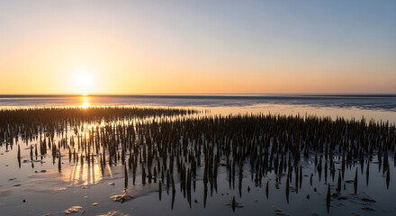 Sunrise at the Wadden Sea with sea asparagus field