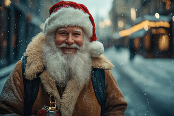 Man in Santa hat holding bag.