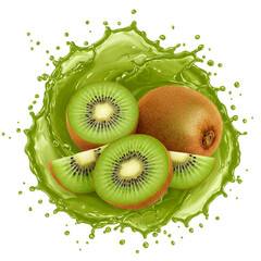 Transparent Isolated Kiwi Fruit with Juice Splash Vibrant & Fresh Design Element