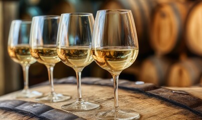 Obraz premium Wine Tasting: Four Glasses of White Wine on Oak Barrel