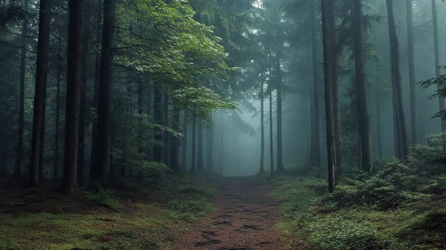 A forest path is shown in the dark with trees on either side. The path is covered in leaves and dirt, and the trees are tall and green