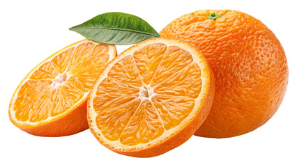 Fresh Whole and Halved Oranges with Green Leaf, AI generated