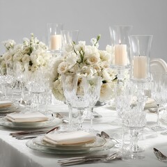 Elegant wedding table setting with white flowers candles and crystal glassware for event decor ideas