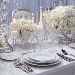 Elegant white wedding table setting with crystal glassware and floral centerpieces for luxury events