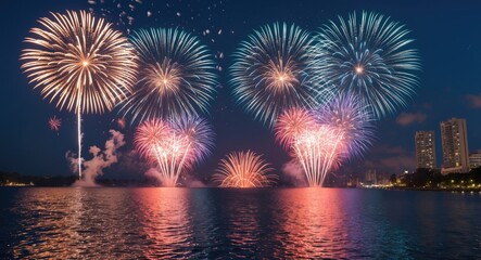 Fototapeta premium Beautiful Summer Fireworks Display.. With Ample Blank Space For Text