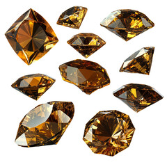 Collection of sparkling golden gem stones illustration on transparent background. Set of various cut diamonds for jewelry and luxury design content.