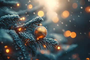 Snow-covered Christmas tree adorned with sparkling lights.