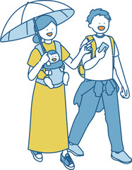 おでかけする両親と赤ちゃん_夏_カジュアル_夏色