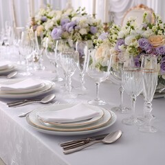 Elegant wedding table setting with flowers and glassware for a luxurious event or reception