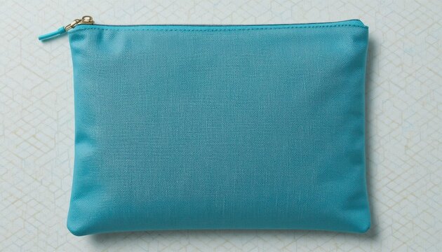 A close-up shot of a turquoise colored pouch with a golden zipper on a patterned surface