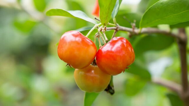 Bright Ripe Surinam Cherries Growing on Tree Branch in Lush Green Garden