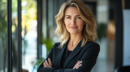 Professional woman in business suit with confident smile. Useful for articles about leadership and career development.