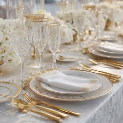 Elegant wedding table setting with gold accents crystal glassware and floral decorations design ideas