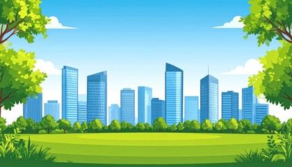 City skyline across a park with green grass and trees, sunny day