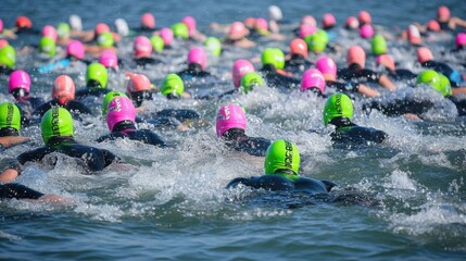 Group of swimmers wearing red and blue caps racing in open water with intense splashes and focus. Concept of competition, athleticism, strength.