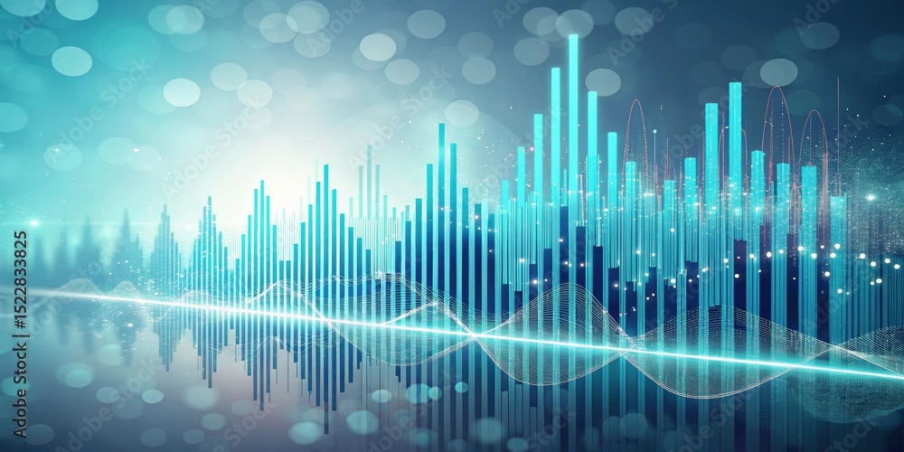 Poster a vibrant digital visualization of audio frequencies with glowing bars and waveforms on a blue abstr