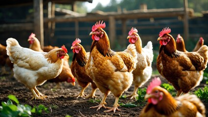 Chicken In A Farmyard with Empty Copy Space For Text