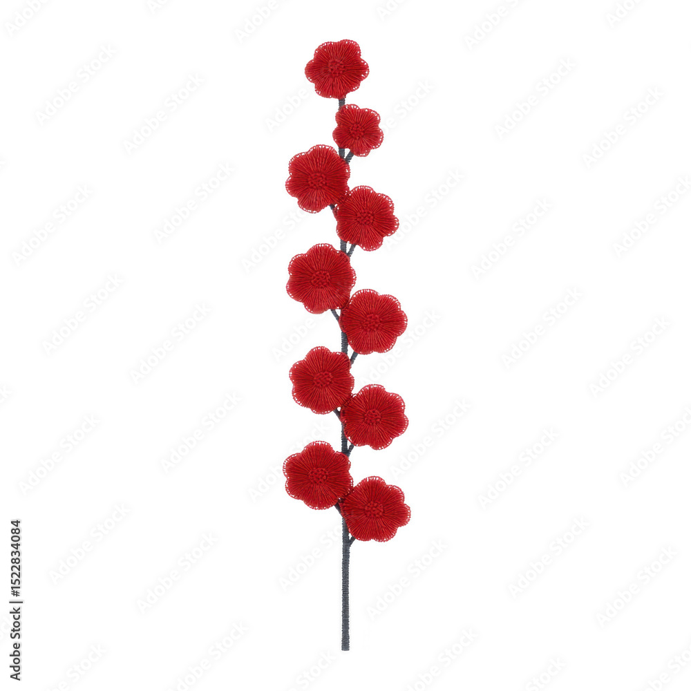 Poster single stem with multiple vibrant red artificial flowers arranged vertically, creating striking and 