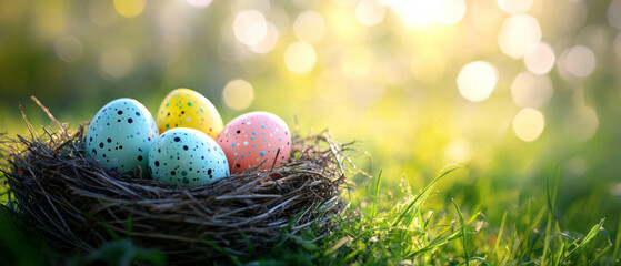 Brightly colored Easter eggs in a nest against a background of green grass. Useful for spring holiday articles and blogs about traditions.