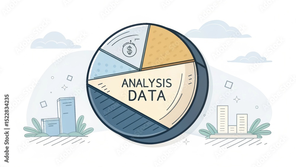 Poster illustrated pie chart showing data analysis, with buildings and clouds in the background, symbolizin