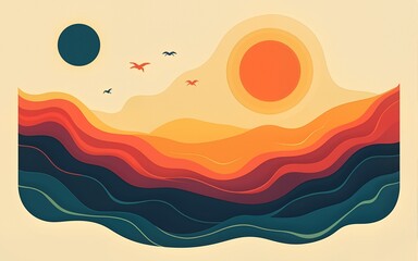 Mid century minimalist wavy retro art with abstract landscapes, sun and moon. Vintage posters, illustrations with lines and shapes for wall art, posters, cards, brochure design. High quality