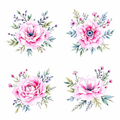Pink floral vector design with blooming spring plants and decorative leaves