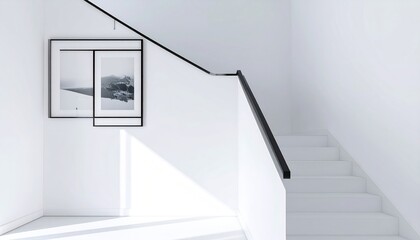 Bright stairwell with white stairs, black handrail, & framed landscape photo